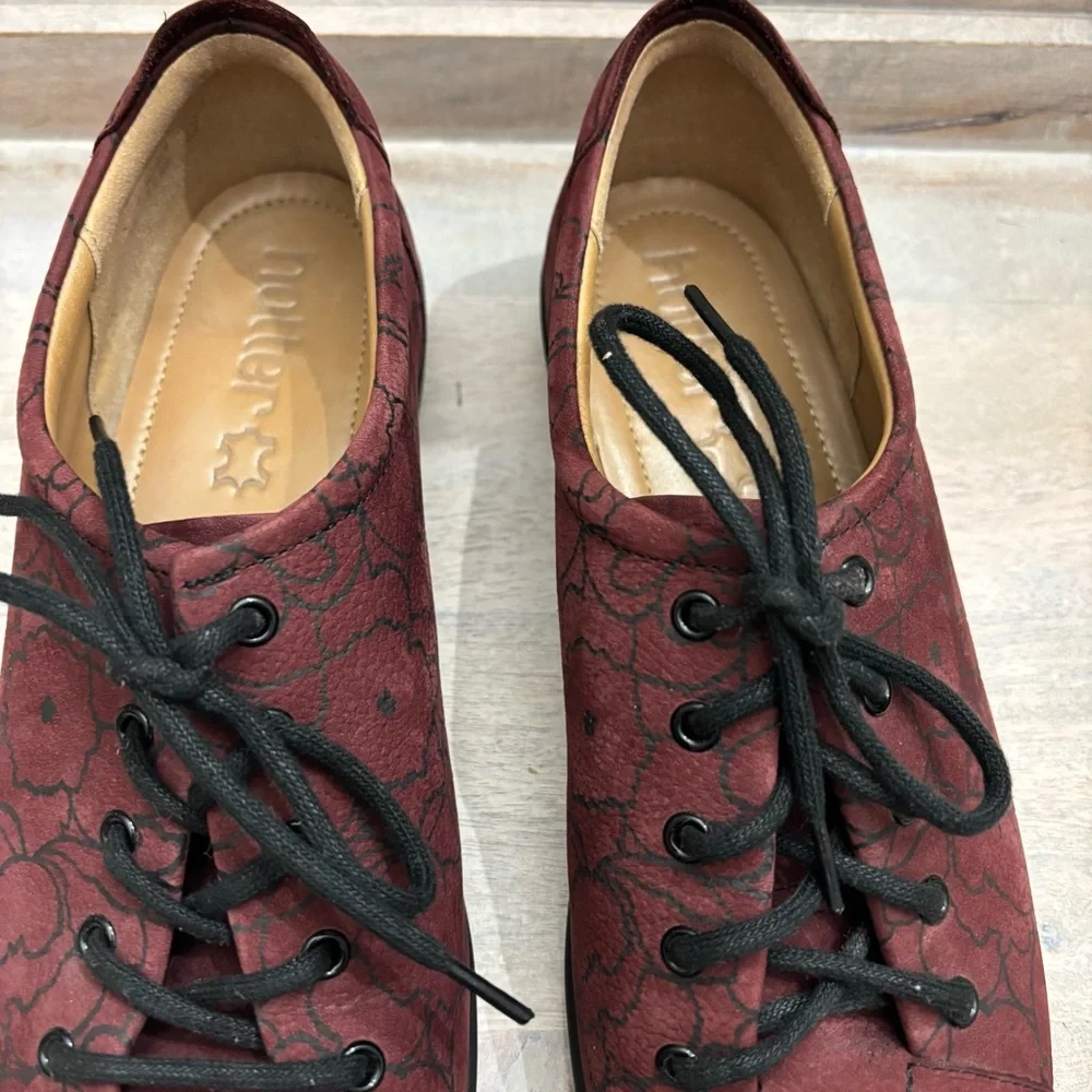 Hotter Dew lace-up shoes maroon print nubuck leather suade feeling sz‎ 8